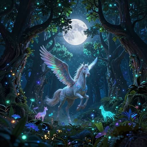 Digital fantasy artwork of a glowing white unicorn with rainbow wings, standing under a full moon in a magical, luminescent forest. Surrounding it are