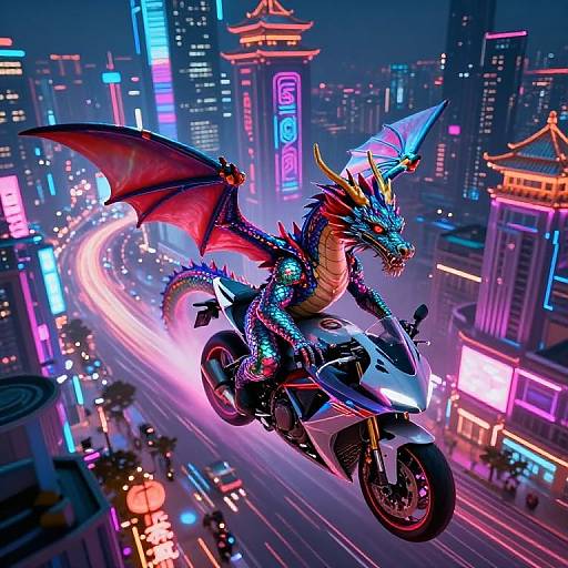 Dragon Riding Motorcycle in Neon City