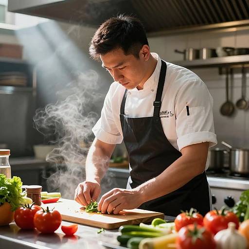Photograph of an Asian male chef in white shirt and black apron, chopping herbs on a sunlit kitchen counter with steam rising, surrounded by fresh