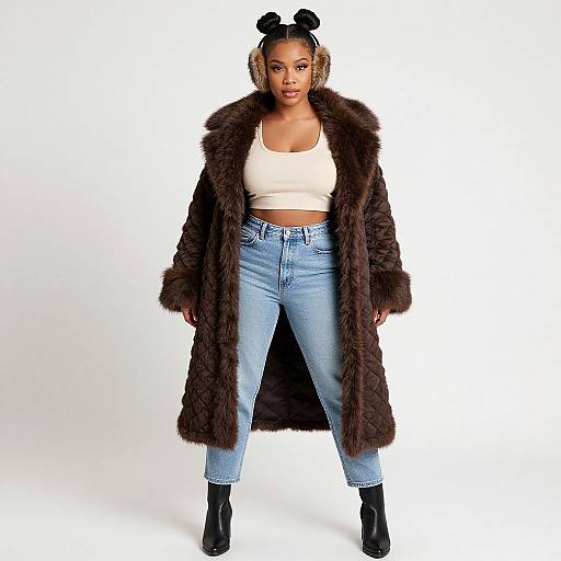 Photograph of a Black woman with braided hair in buns, wearing a brown fur coat, white crop top, high-waisted blue jeans