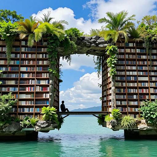 Photorealistic image of a lush, book-filled archway over turquoise water, with a silhouetted person sitting at the center, framed by