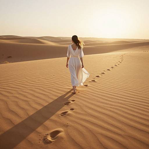 Photograph of a woman in a flowing white dress walking through a golden desert at sunset, leaving footprints in the sand.
