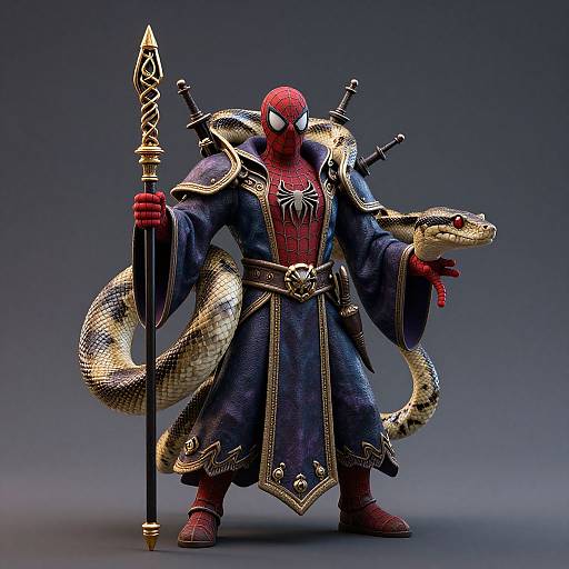 Digital art of masked superhero in dark, ornate robes, holding a staff with a snake coiled around him, against a blue gradient background.