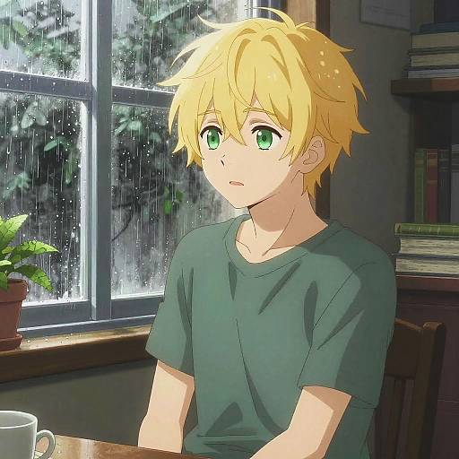 Anime-style digital drawing of a blonde, green-eyed boy with tousled hair, wearing a green shirt, sitting indoors by a rainy window.