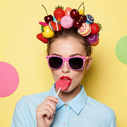 Photograph of a woman with pink sunglasses, blue shirt, and colorful fruit hair rollers, licking a red lollipop against a yellow background.