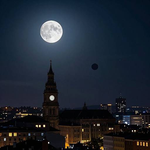 Photograph of a cityscape at night, featuring a bright full moon, a clock tower, and a small dark asteroid-like object in the sky.