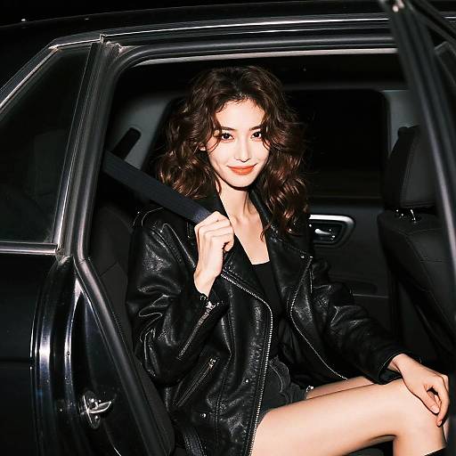 Photograph of a young woman with wavy brown hair, wearing a black leather jacket and black dress, sitting in a dark car, holding the door