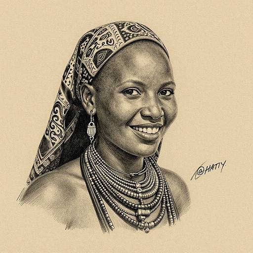 Pencil drawing of a smiling African woman with dark skin, patterned headscarf, multiple beaded necklaces, and earrings, signed 