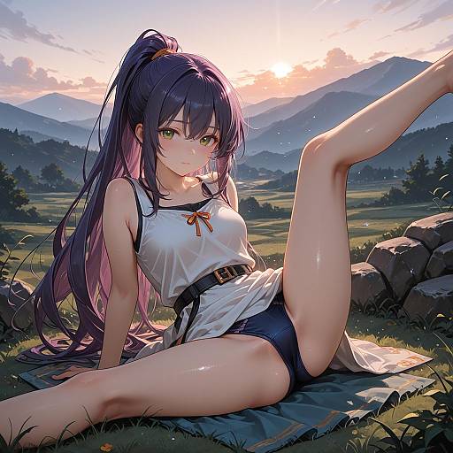 Purple-Haired Girl Sitting, Legs Split