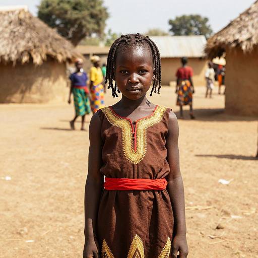 Photograph of a young African girl with dark skin and braided hair, wearing a brown dress with yellow and red embroidery, standing in a sunlit
