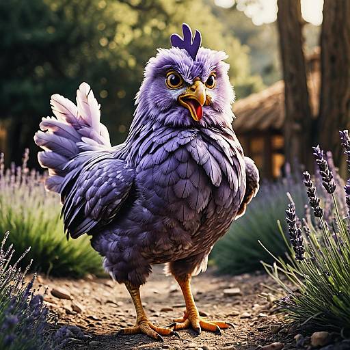 Lavender Cartoon Chicken in Outdoor Setting