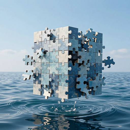 Photograph of a floating, incomplete white puzzle cube with missing pieces, surrounded by ripples on a blue ocean under a clear sky.