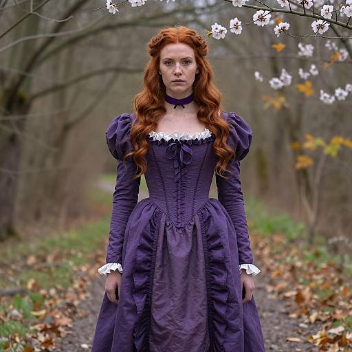 Red-haired Woman in Victorian Purple Dress in Forest