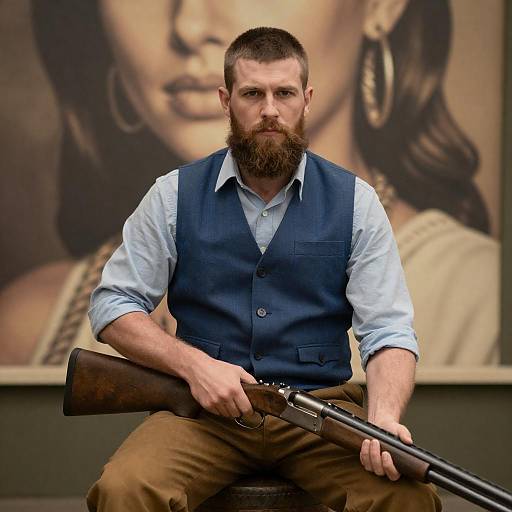 Serious Man with Shotguns in Sepia Tone