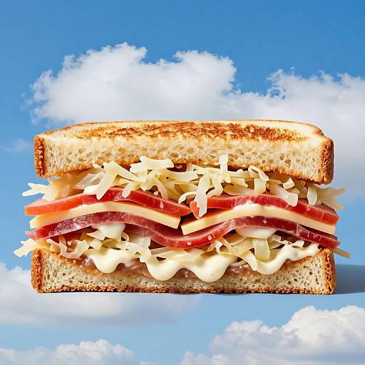Photograph of a stacked sandwich with cheese, tomato slices, and lettuce, set against a bright blue sky with fluffy white clouds.