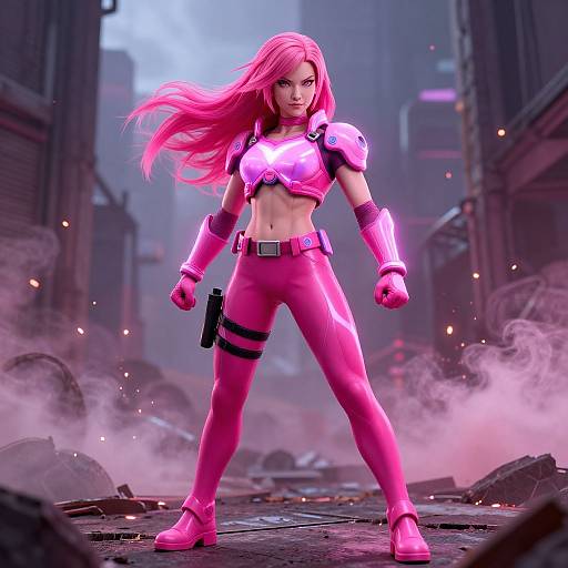 CGI image of a fierce, pink-haired woman in neon pink armor, standing in a smoky, ruined cityscape, with a gun holstered