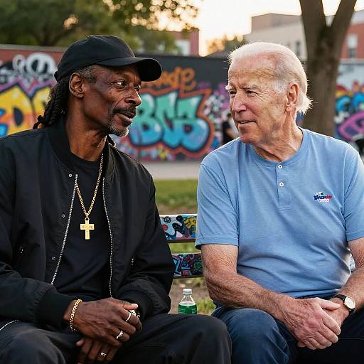 Photograph of an older white man in a light blue polo shirt and an African-American man in a black outfit, sitting on a graffiti-covered bench,