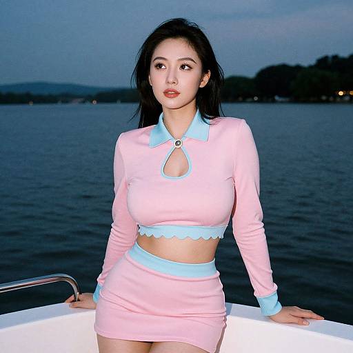 Asian woman with long black hair in pastel pink and blue outfit, sitting on boat at dusk, water and trees in background. Photographic image.