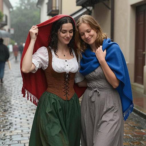 Rainy Street Embrace: Two Women Together