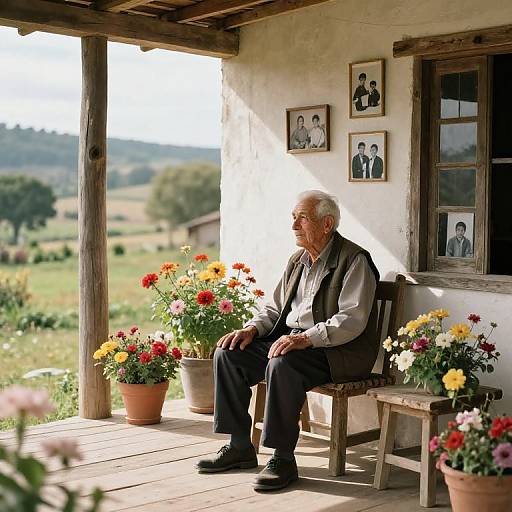 Abuelo on Rustic Porch with Flowers