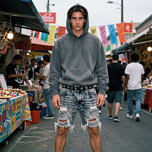 Photograph of a young man with medium skin tone, dark hair, wearing a gray hoodie and distressed denim shorts, standing in a busy outdoor market with