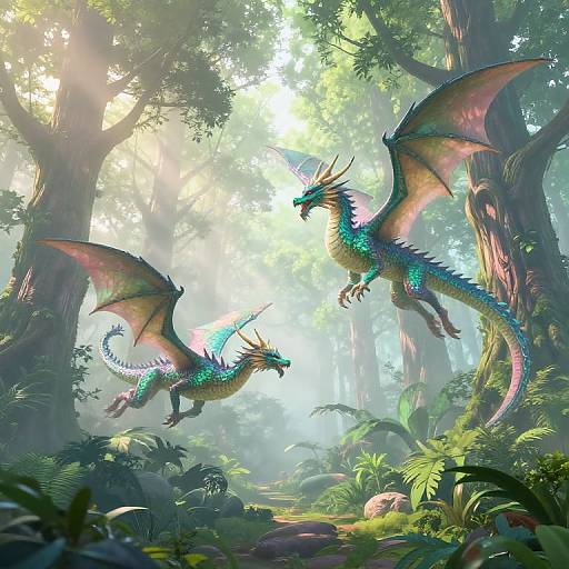 Digital fantasy art of two iridescent green dragons with pink wing membranes flying in a lush, sunlit forest. Light filters through dense trees, casting