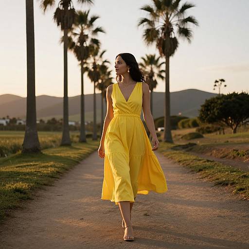 Photograph of a woman in a flowing yellow dress walking on a palm tree-lined path during sunset, with mountains in the background.