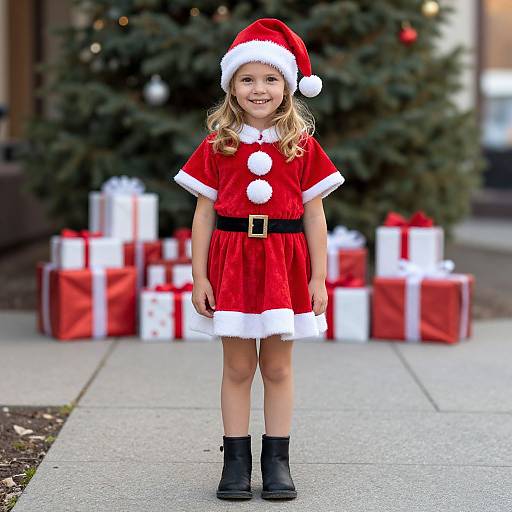Photograph of a smiling young girl in a red Santa dress, black boots, and Santa hat, standing on a sidewalk with Christmas presents and a decorated