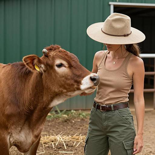 Woman with Calf by Barn