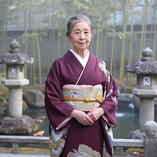 Photograph of an elderly Japanese woman in a maroon kimono with white floral patterns, standing in a traditional garden with stone lanterns and a pond