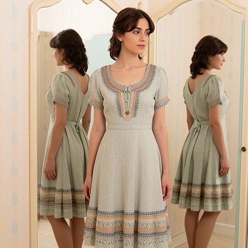 Photograph of a young woman with fair skin and dark wavy hair, wearing a light green, short-sleeved, embroidered dress, standing in