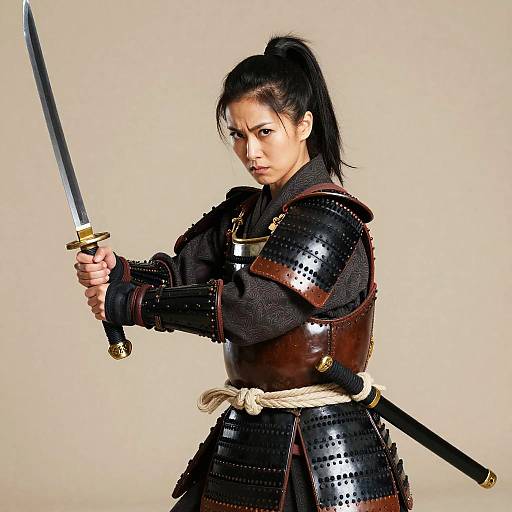 Photograph of an Asian woman in black samurai armor, holding a katana, with a determined expression, against a plain beige background.