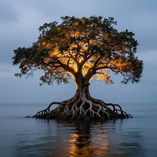 Photograph of a majestic tree with glowing orange leaves, rooted in calm water, reflected in the water below, against a blue, cloudy sky.