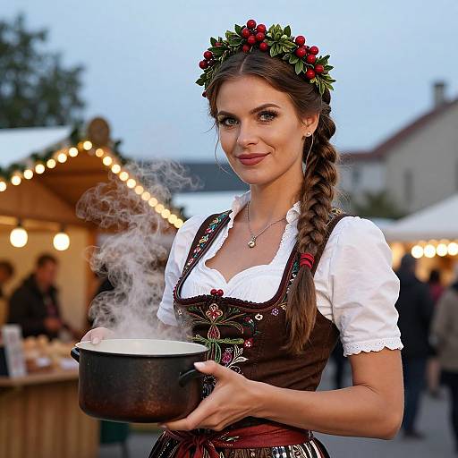 Photograph of a smiling woman with braided brown hair, wearing a floral crown, white blouse, and brown dirndl, holding a steaming pot