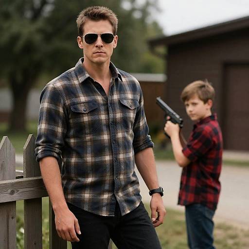 Serious Man and Boy in Plaid