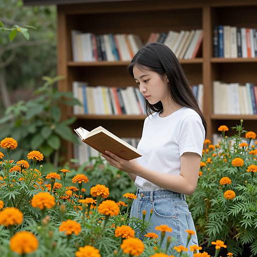 Photograph of an Asian woman with long black hair, wearing a white t-shirt and blue jeans, reading a book in a garden filled with vibrant orange