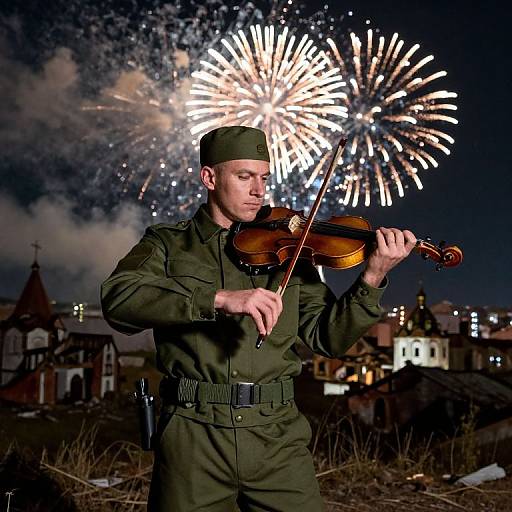 Russian Soldier Violin Amid Ruins