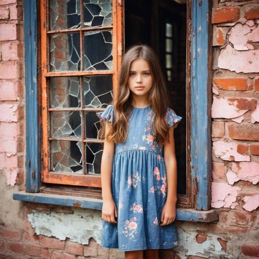 Girl in Floral Dress by Broken Window