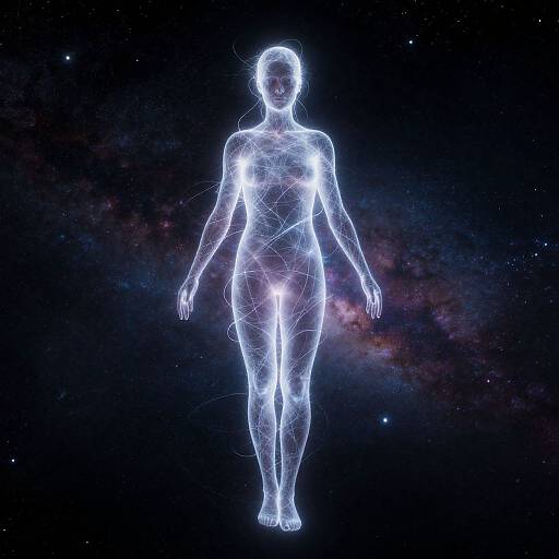 Digital CGI of a glowing, wireframe human figure standing against a starry, cosmic background with a nebula. Ethereal, luminescent,