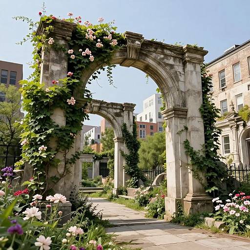 Springtime Urban Ruins with Blooming Flowers