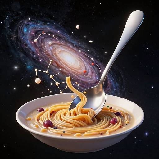 Photograph of a white bowl containing spaghetti with cherry tomatoes, a silver fork, and a swirling galaxy background in space.