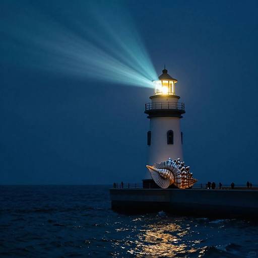 Photograph of a glowing lighthouse with beams of blue light, illuminated metal sculpture, and dark, reflective ocean at night.