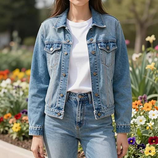 Young Woman in Denim Jacket and Jeans Outdoors