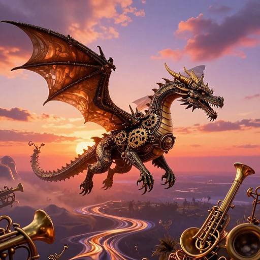 A majestic, black-scaled, gear-adorned dragon with fiery orange wings soars against a vibrant sunset, surrounded by golden brass instruments and winding