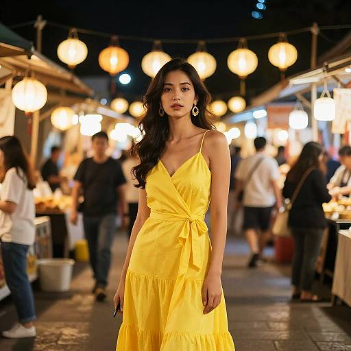 Photograph of a young woman with long dark hair in a bright yellow dress, standing confidently in a bustling nighttime market with glowing lanterns in the background