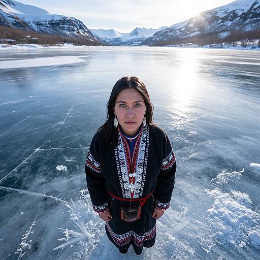 Photograph of Indigenous woman with dark hair and light brown skin, wearing traditional black patterned clothing, standing on frozen lake with snowy mountains in bright sunlight