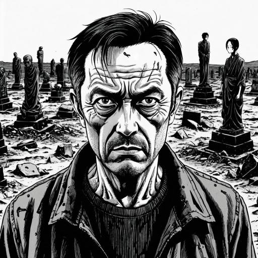 Anxious Man in Wasteland with Broken Statues