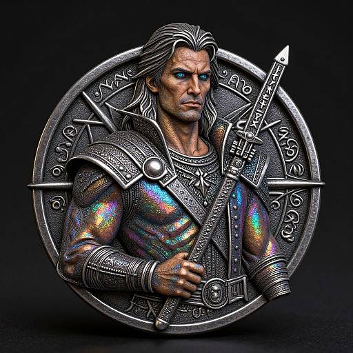 Digital art of a muscular, armored, silver-haired warrior with glowing rainbow skin, holding a sword, encircled by intricate metallic runes.