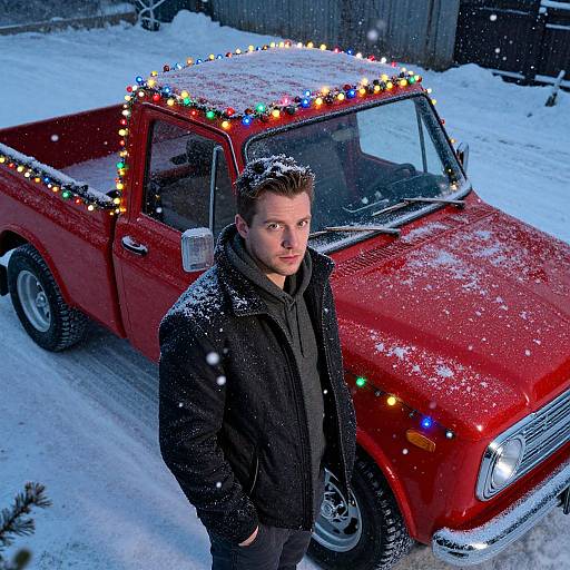 Photograph of a young man in a black coat standing in front of a red pickup truck adorned with colorful Christmas lights, snowing, with a wooden