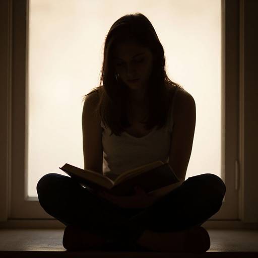 Silhouetted woman in tank top and jeans, sitting cross-legged, reading a book against a bright, backlit window.